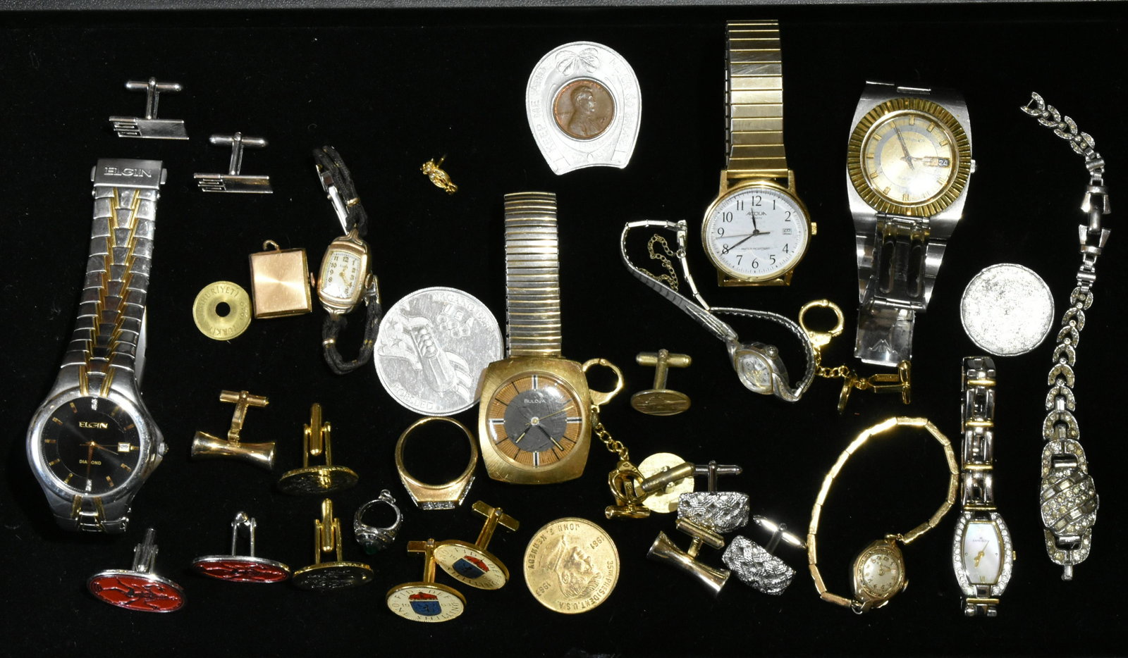 Watch and Cufflink Collection: Men's and lady's Bulova watches, a Wittnaur automatic, other watches, cufflinks and tokens.