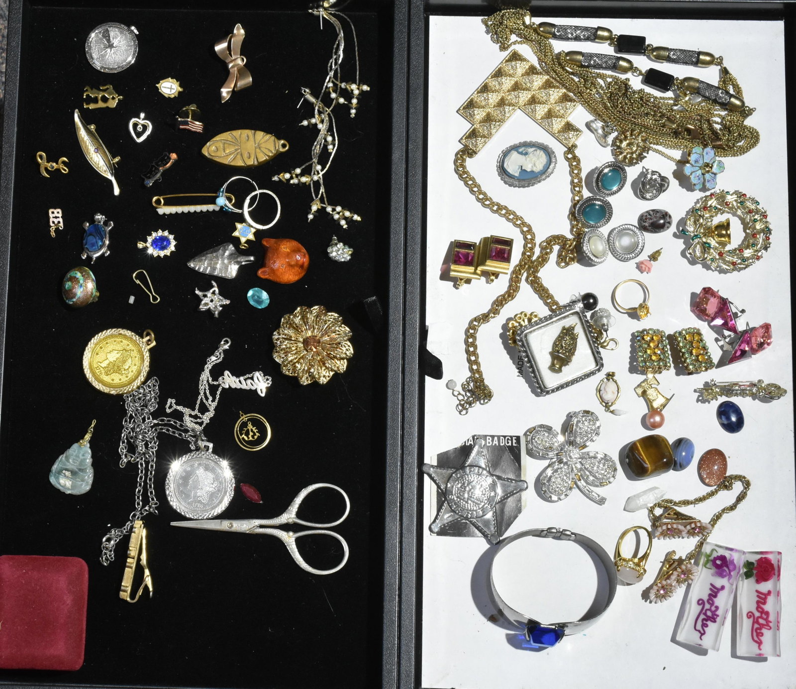 Mixed Costume Jewelry (2 Trays): Lot includes post modern style hinged cuff with blue stone, four leaf clover pin, various earrings, coin pendants, a Buddha pendant, and more.