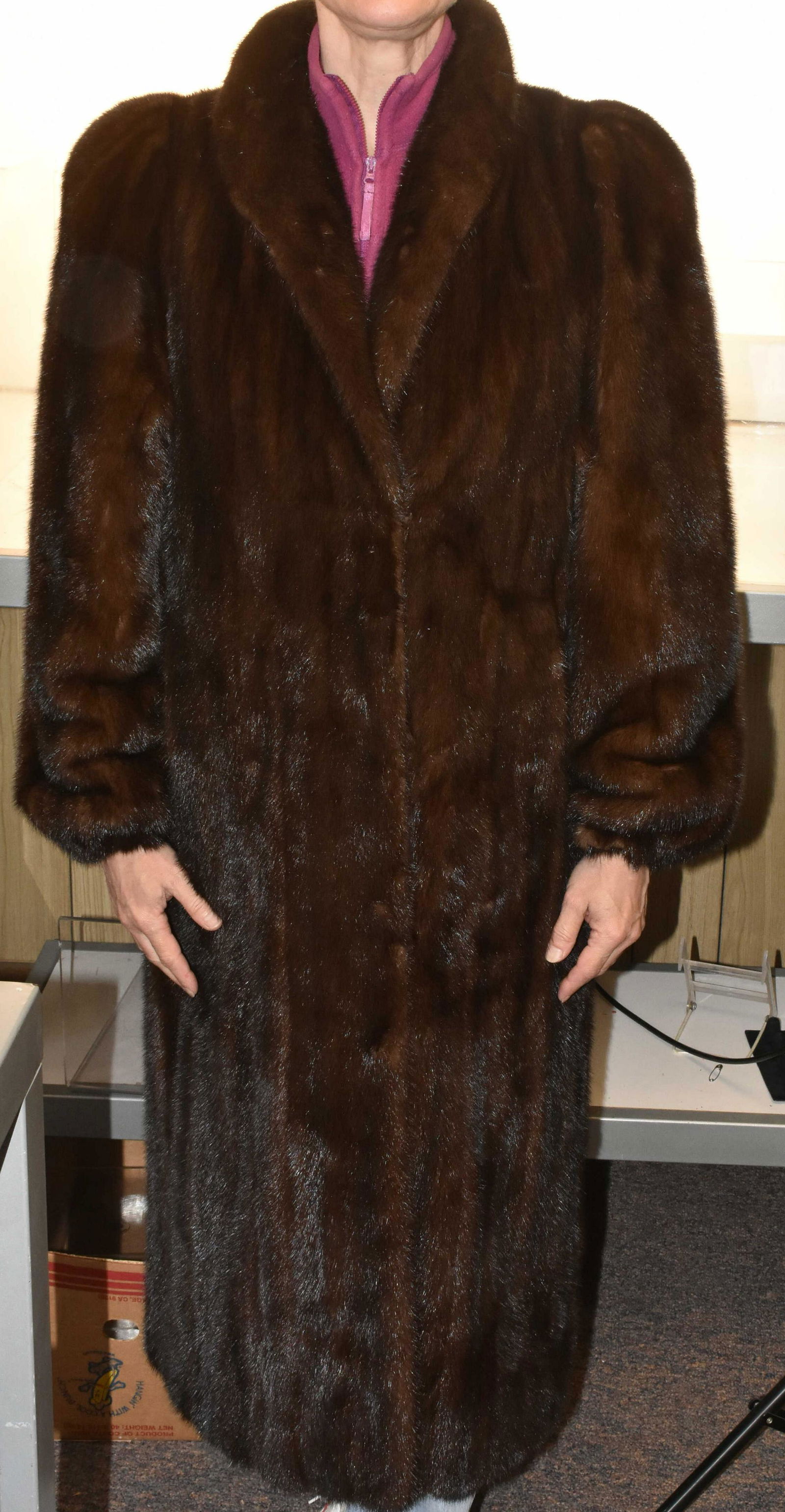 Full Length Mink Fur Coat: Tag reads "Flemington Furs", exterior and interior is intact.