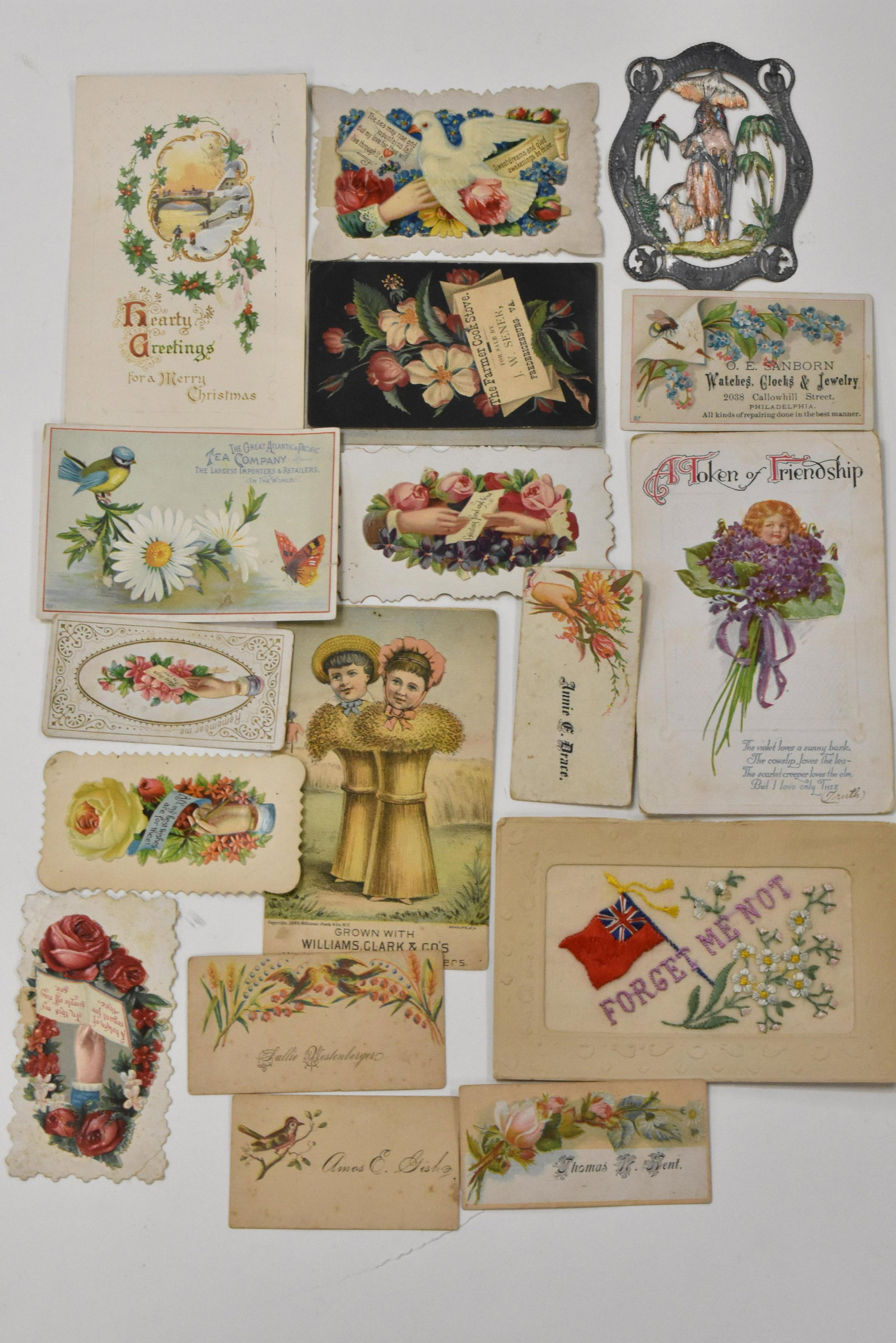 Late 19th / early 20th C Advertising & Other Cards: Lot includes Williams, Clark & Co. fertilizer ad, The Farmer's Cook Stove ad, O.E. Sanborn Watch Company ad, and other ads and greetings.
