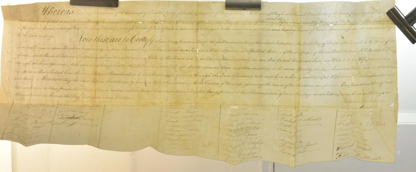 1776 Marriage Certificate of Susan Waln: Lot includes a Marriage Certificate, marrying Pattison Harlshorne (she is Susan Waln, daughter of Robert and Rebecca Waln). Certificate shows total of (55) signatures with some duplicates and measures