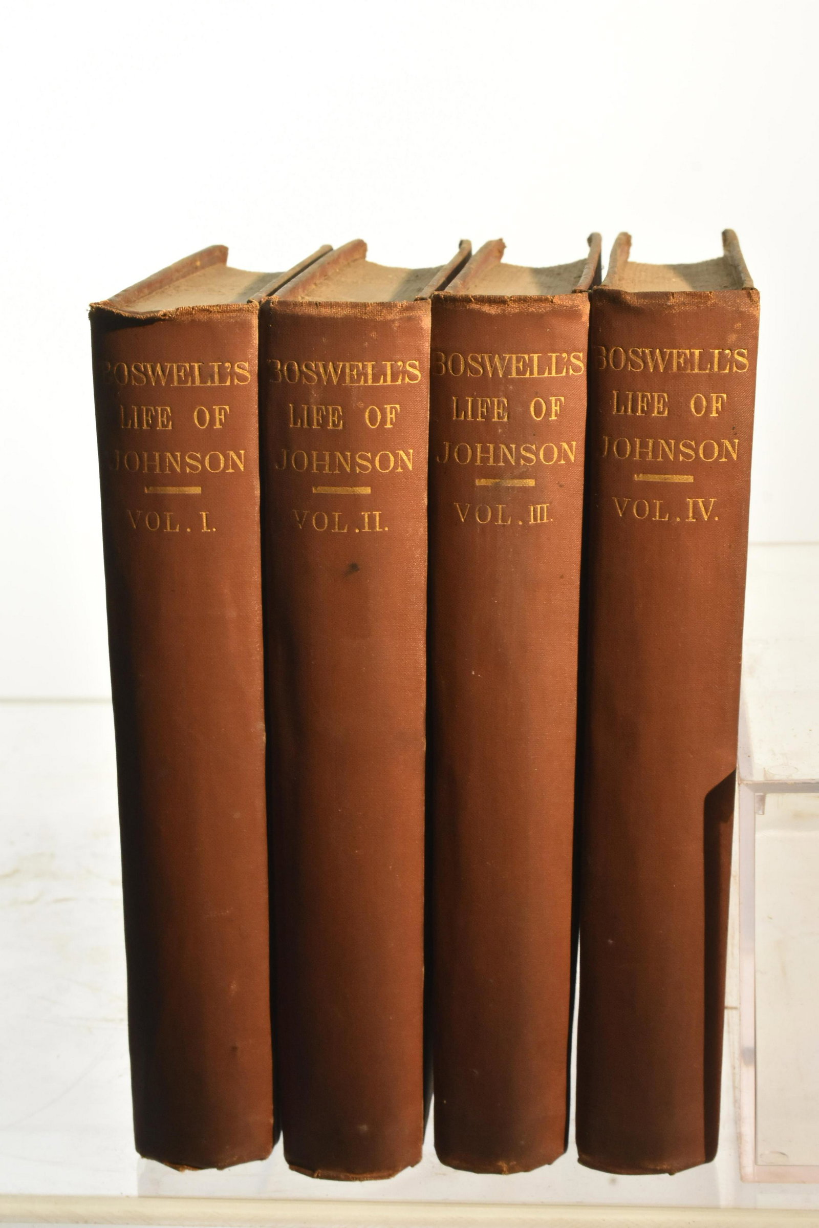 Boswell's Life of Samuel Johnson Complete Series: Lot includes volumes 1-4 of The Life of Samuel Johnson by James Boswell published by E. Claxton & Company 1883. All books have good binding and are in good shape. From the estate of George Meade Easby