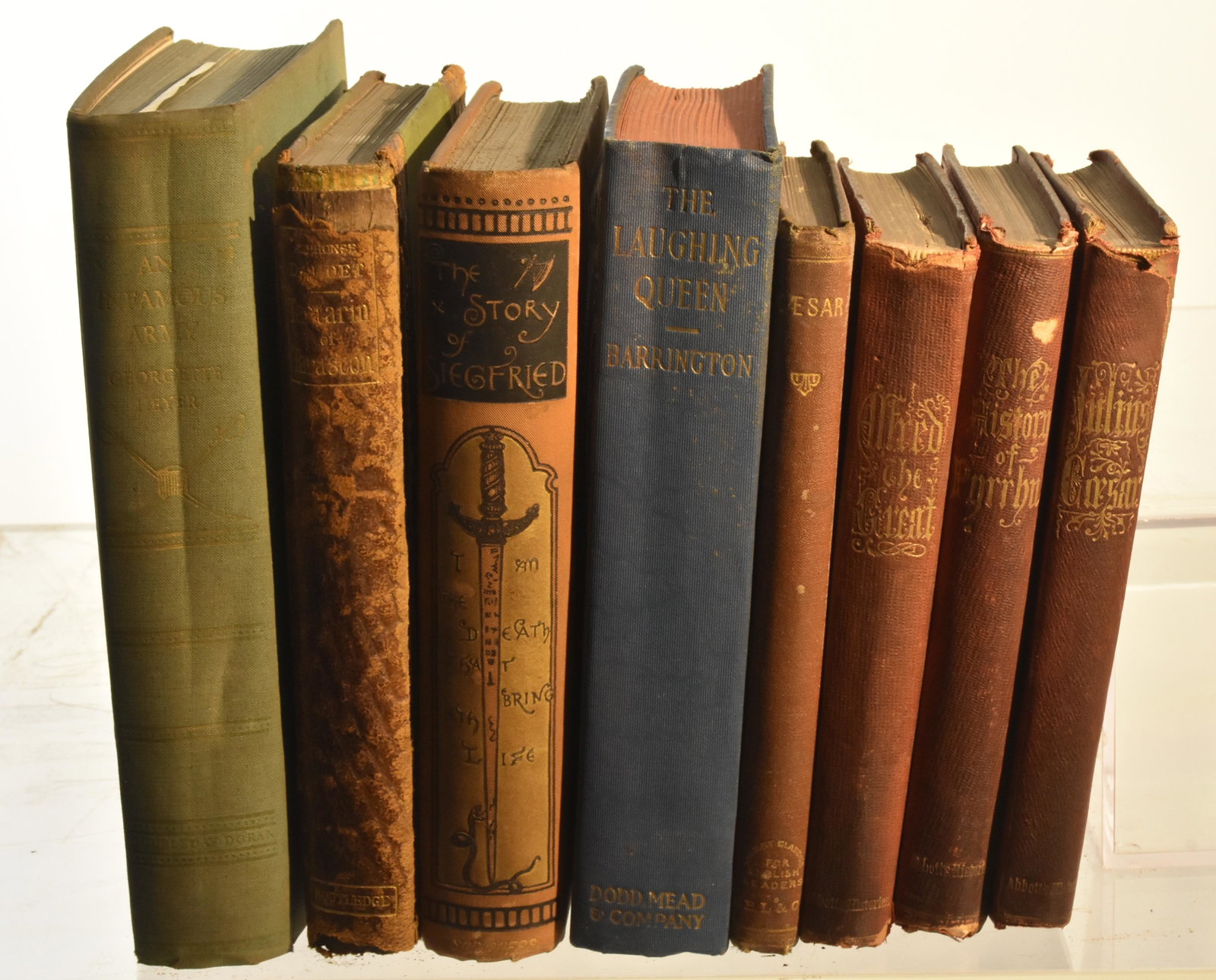 1849 Abbott's History of Caesar and 7 Other Books: Lot includes (1) The History of Julius Caesar by Jacob Abbott, 1849, Harper and Bros., engravings, red cover/gilding/loose binding, inscribed John Sargeant Meade from his friend W. FT. Beek (?); (2) T