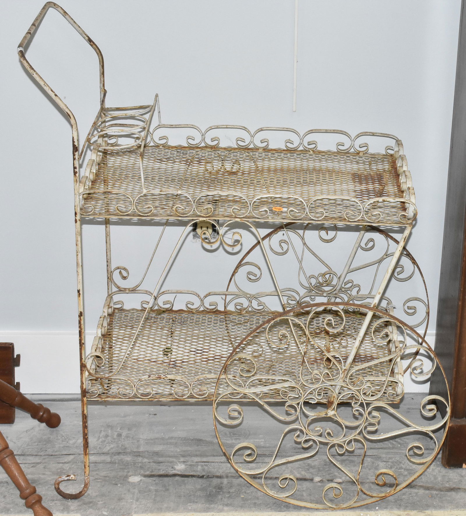 Vintage Wire Tea Cart: Item measures approximately 35"H x 30"L x 17"W. It is all wire construction, and shows wear to original paint.