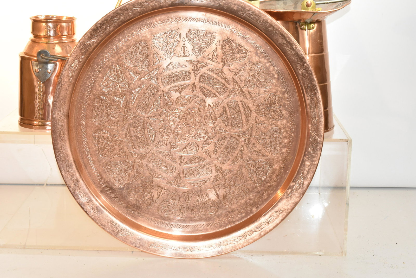 Mixed Copper Kitchenware: Lot includes a copper tray, measuring 20" diameter, a 2-gallon copper pitcher marked "New York City Approved", and (2) other copper containers.