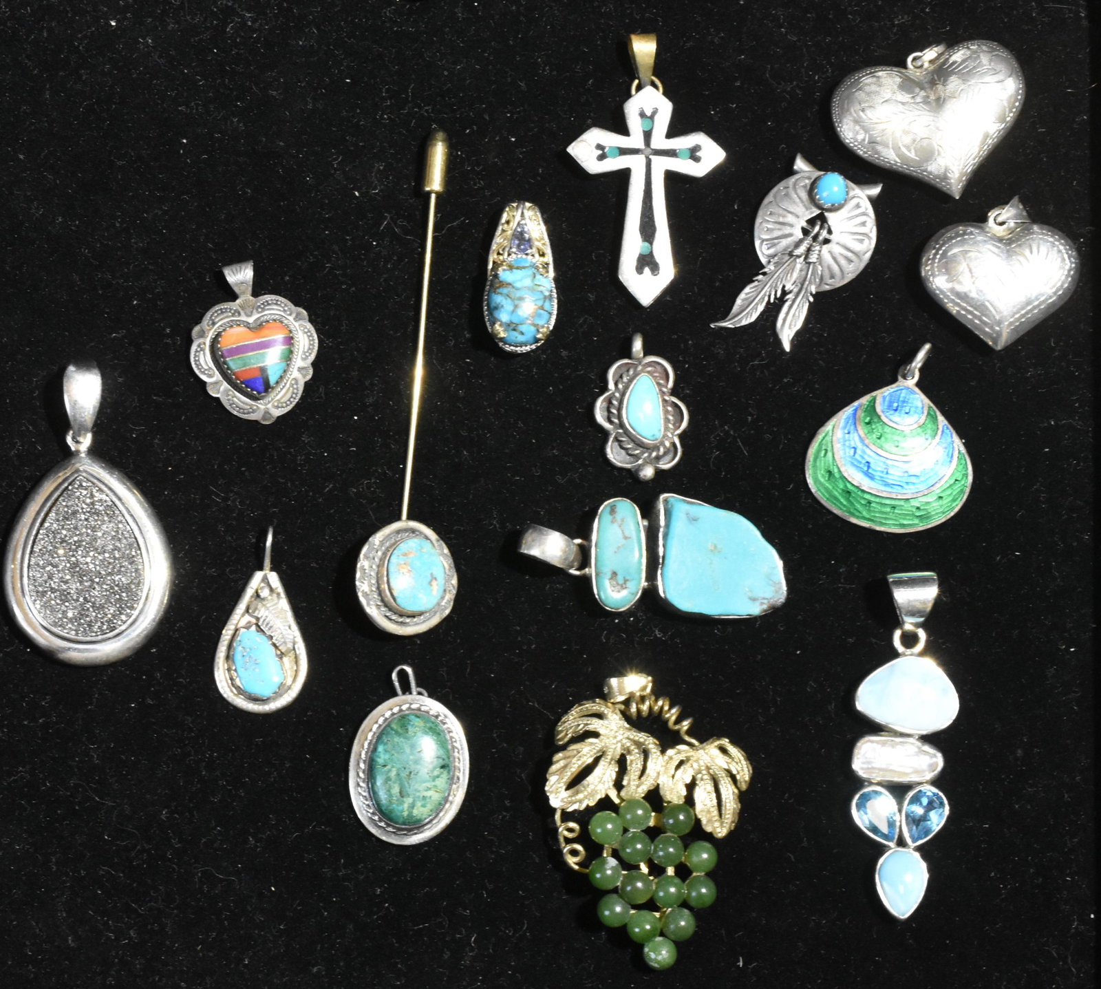 Sterling and Turquoise Jewelry: Lot includes sterling and turquoise pendants, (2) sterling hearts, a sterling pin with green grapes, and a teardrop pendant with drusy type stones.
