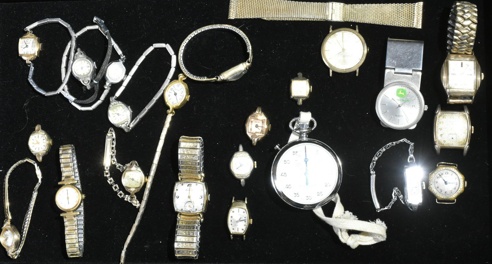Vintage Watch Collection: Men watches includes Benrus, Elgin, Wittnauer, and others. Ladies watches include Bulova, Benrus, Hamilton, and others. Lot is (22) total pieces in total.