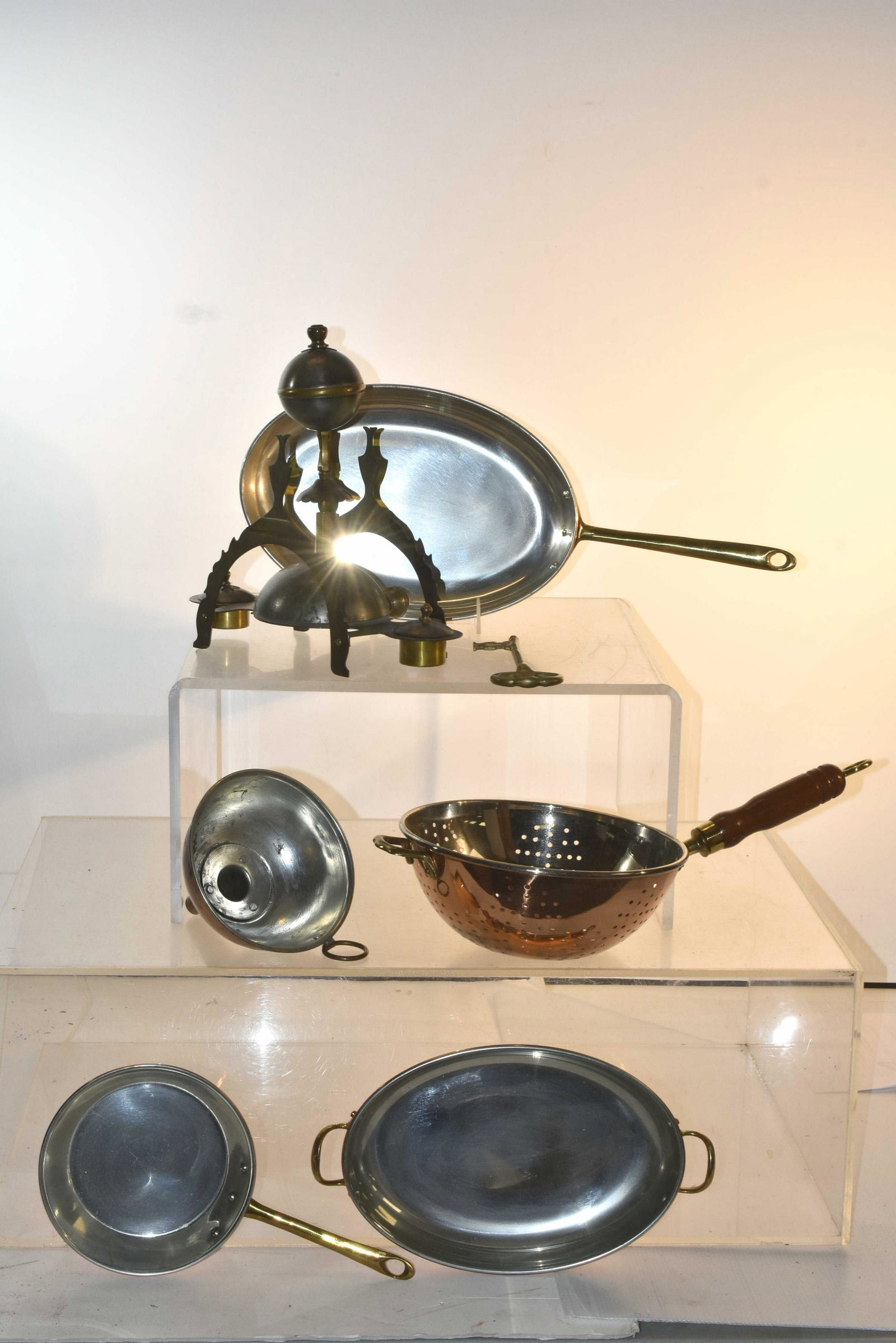 Copper Cookware and Related Items: Lot includes (2) copper Portuguese fish pans, a copper strainer, copper funnel, and a decorative Japanese item.