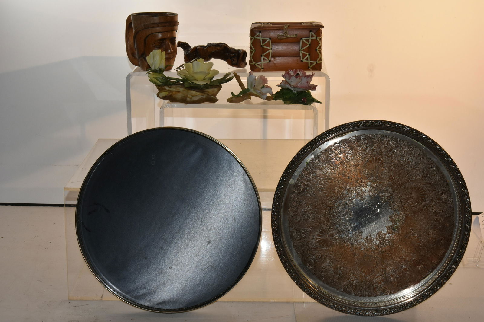 Capodimonte and More: Lot includes (3) ceramic flowers, (2) with Capodimonte marks, (2) silver plated trays, a driftwood corkscrew, and more.