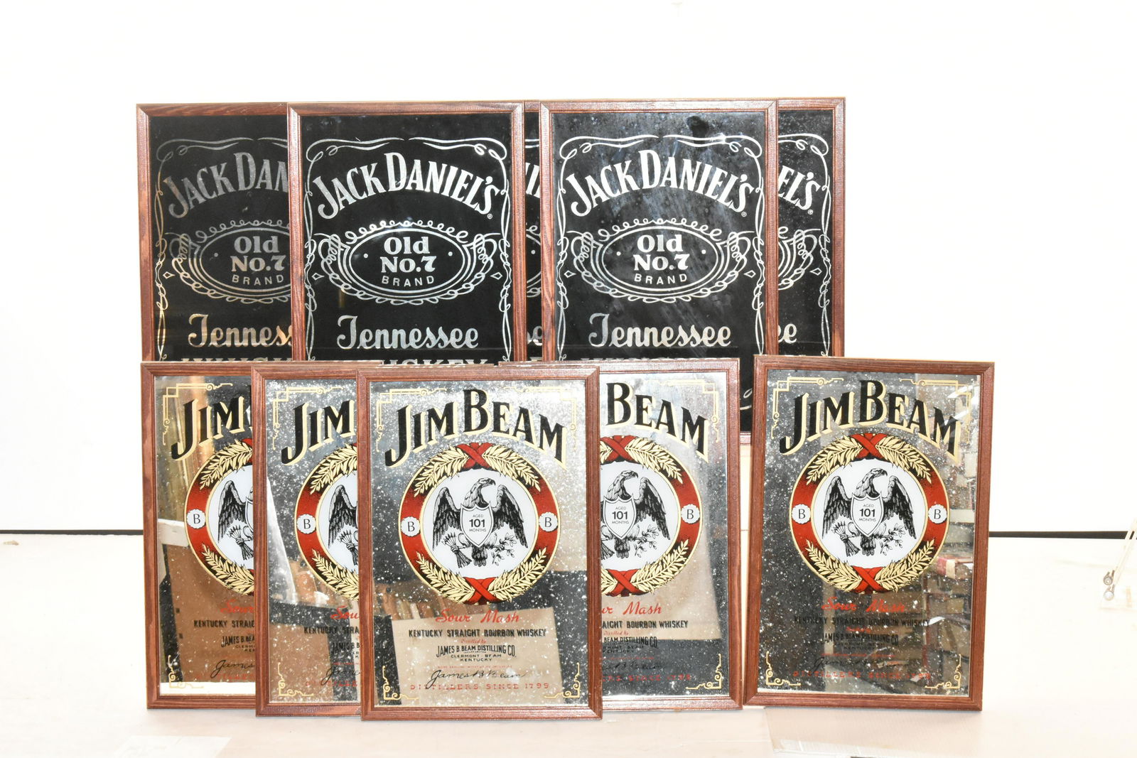 Jack Daniels and Jim Beam Advertising Mirrors: Lot includes (10) mirrors, (5) are Jack Daniels, (5) are Jim Beam.