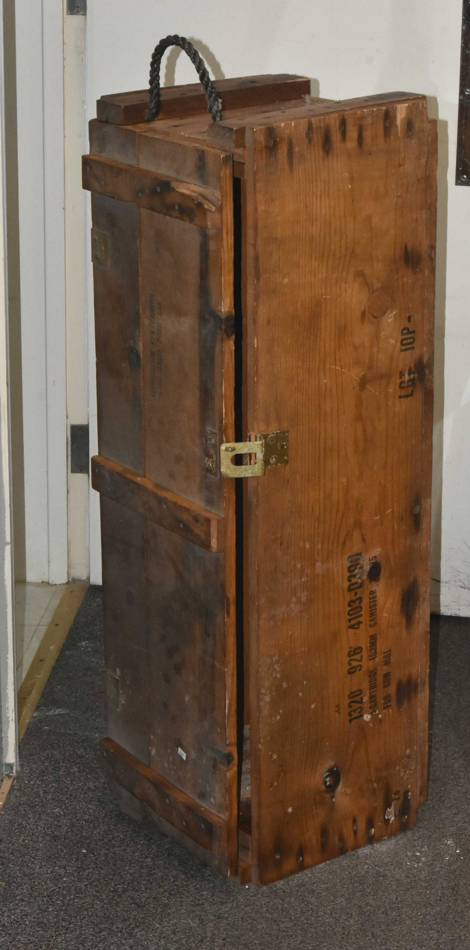 Large Wooden Ammo Box: Item measures approximately 13"H x 39"W x 12.5"D. It reads "Ammunition for Cannon with Solid Projectile". Box retains original handles.