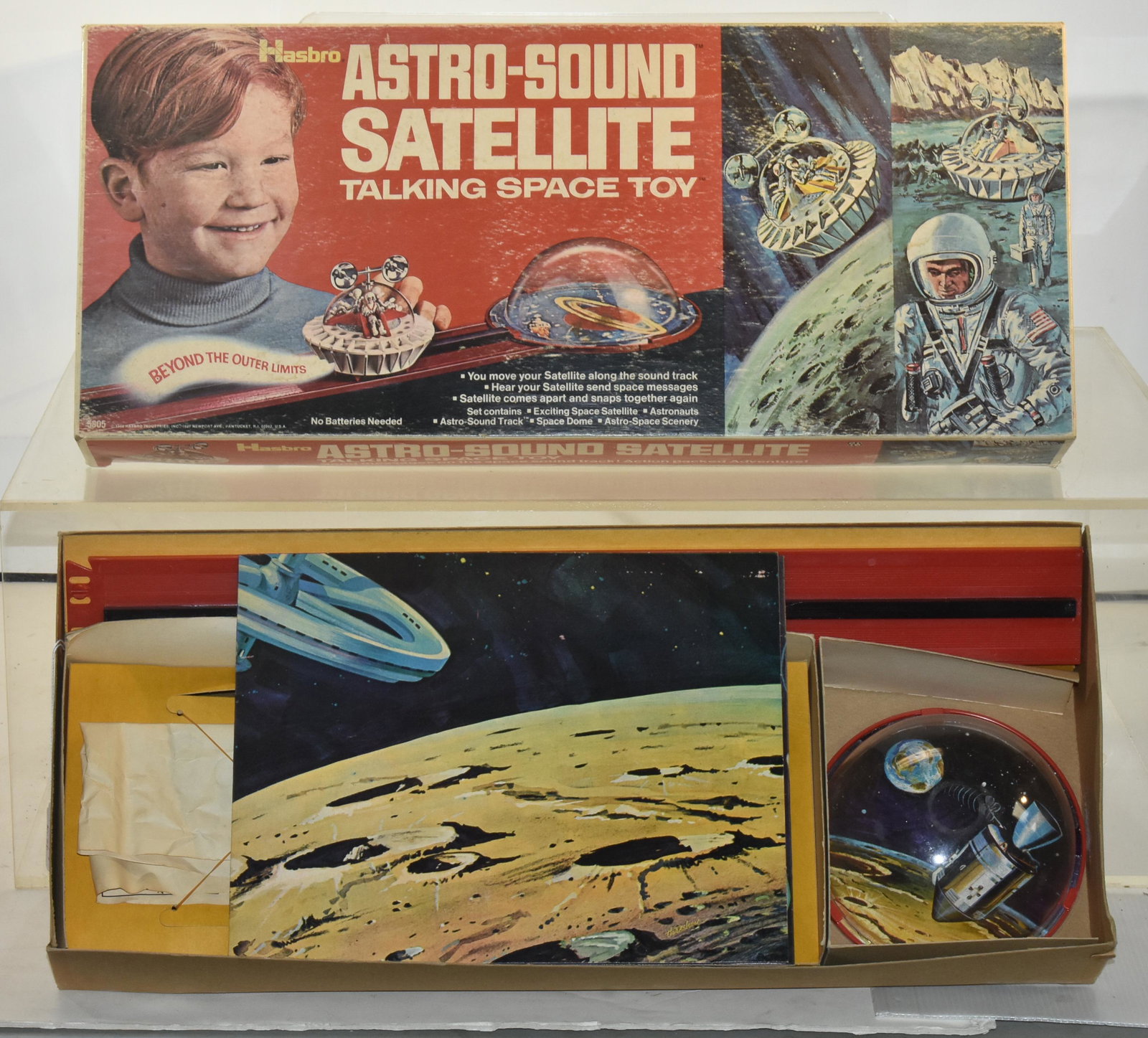 Hasbro Astro Satellite Toy NIB: Box measures approximately 22"L. It is a talking space toy. It was made in the British Crown Colony of Hong Kong. It appears to be unplayed with. Box shows common surface wear.