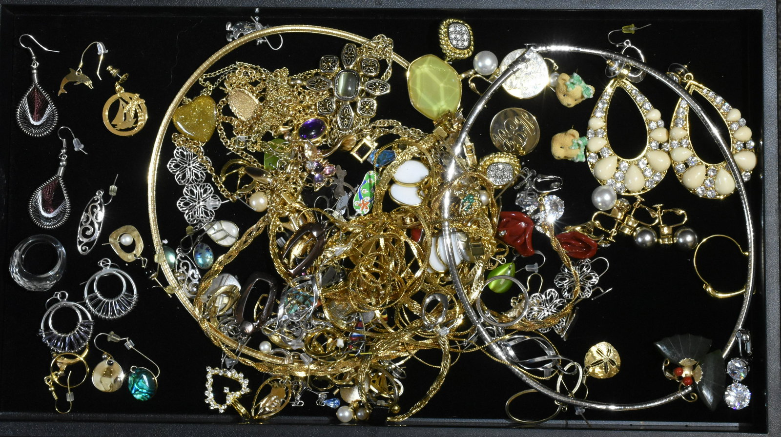 Estate Jewelry Collection: Lot includes signed KJL rose earrings, Coro initial earrings, gold tone necklaces, bracelets, earrings, and more.