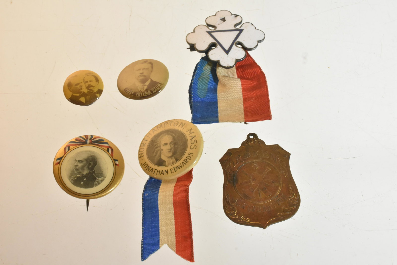 Antique Pin Back Collection: Lot includes Northampton, Mass. Jonathan Edwards - Preacher (1703-1758), McKinley and Hobart, Durham, Phila; 1896 portrait pin back, sterling silver white enamel with red, white, and blue ribbon, and 