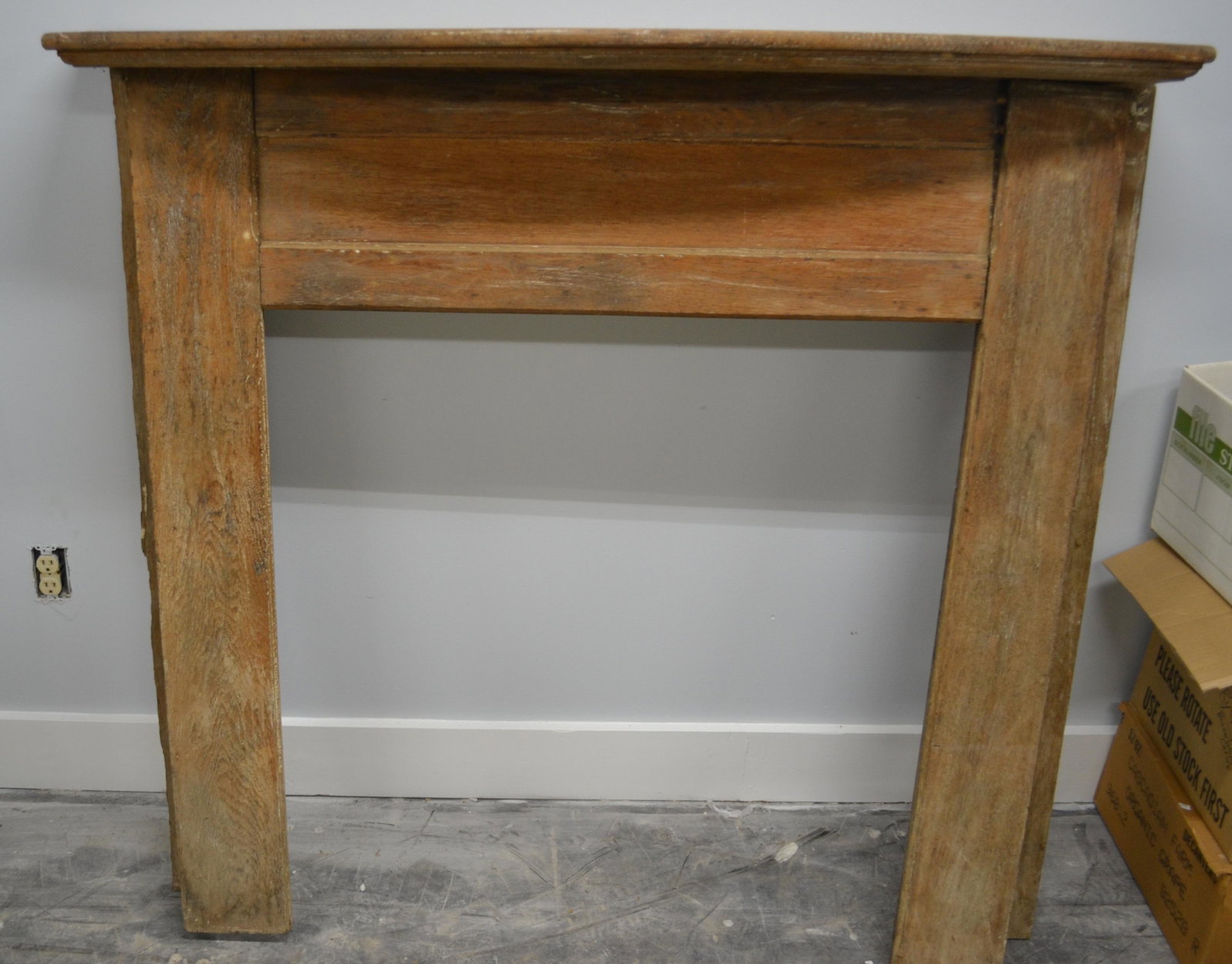 19th C Oak Mantel: Item measures approximately 49.5"H x 54"W x 11.5"D. It is solid oak construction and has been stripped.