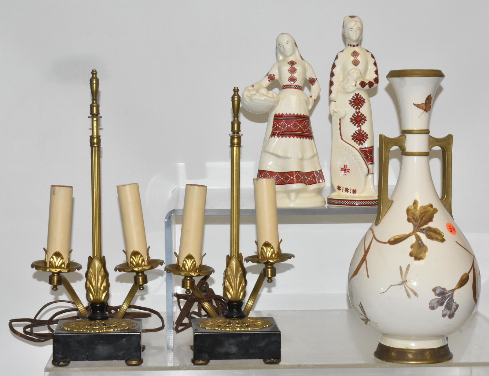 Vintage Lamps and Figures: Lot includes a pair of adjustable brass table lamps (19"H fully extended), a pair of Ukrainian figures, and a hand painted decorative vase with staple repairs at base.
