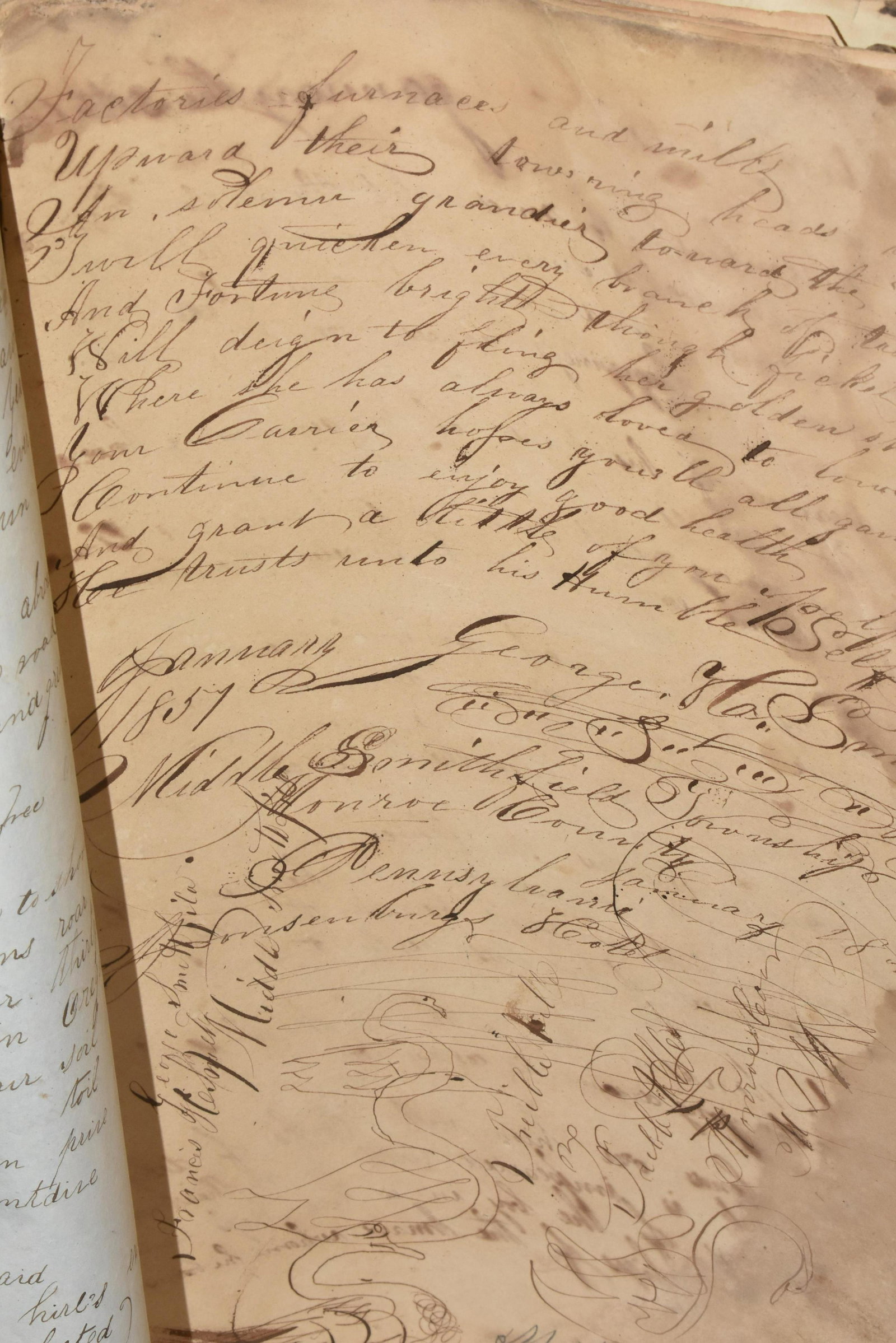 1850's Poems and Ledger of George H. Smith: Cover to item is lost, and several pages are damaged. Book contains calligraphy of swans in a simple form, notes on having his horse shoed, letters from his travels, and poems including "The sailor's 