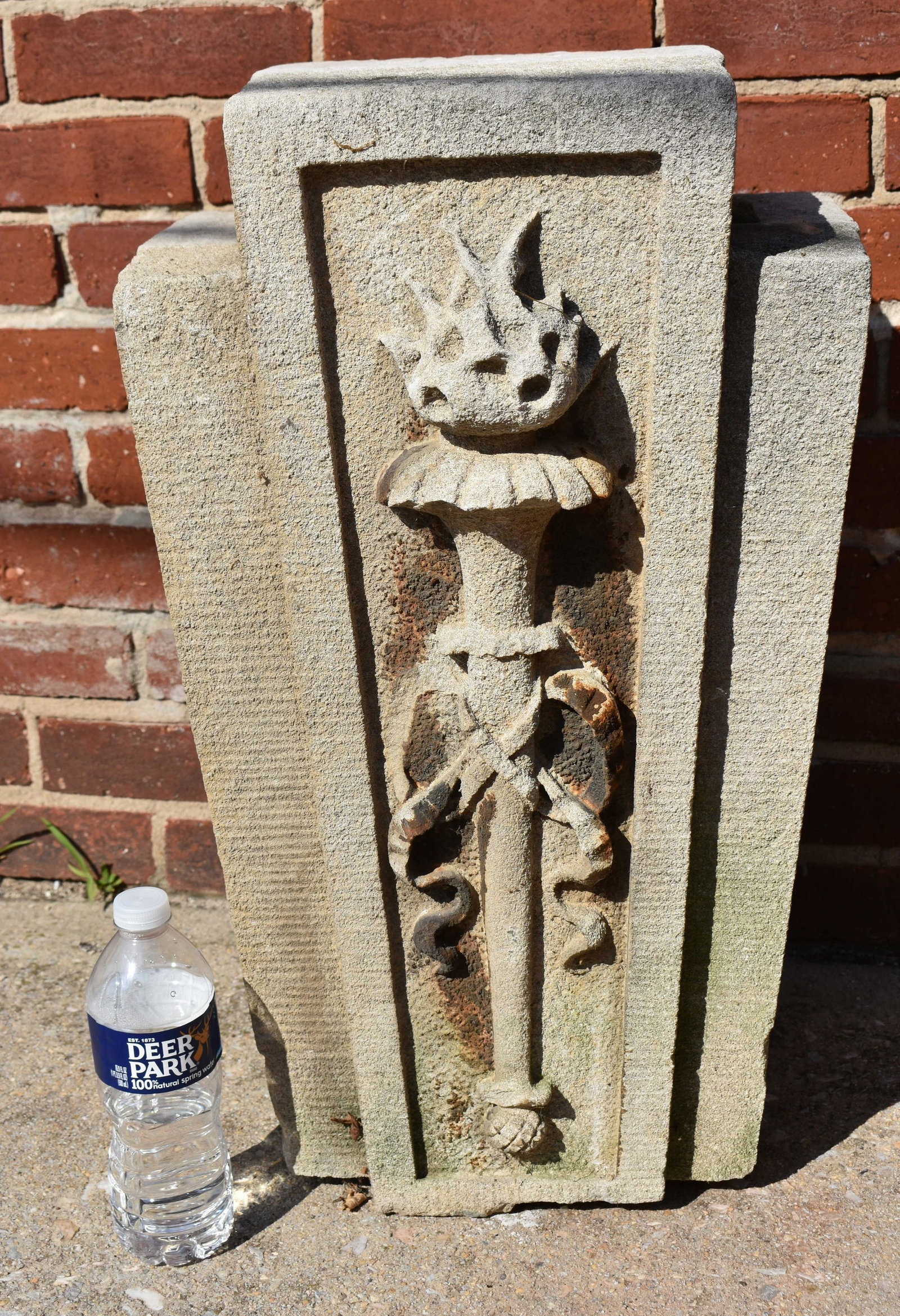 NYC Bridge Architectural Keystone: Salvaged from a Manhattan / New York City bridge that was demolished in the mid 20th C. Possibly limestone, likely carved with a torch.