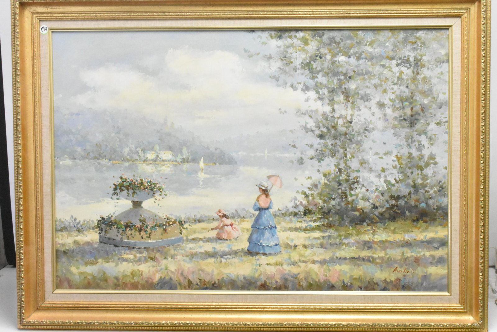 Impressionism Oil on Canvas Painting by Austin: Exposed area approximately 24" H x 35"W. It depicts two girls looking toward the water. It has a large flower fountain and sail boats. Signed Austin lower right.