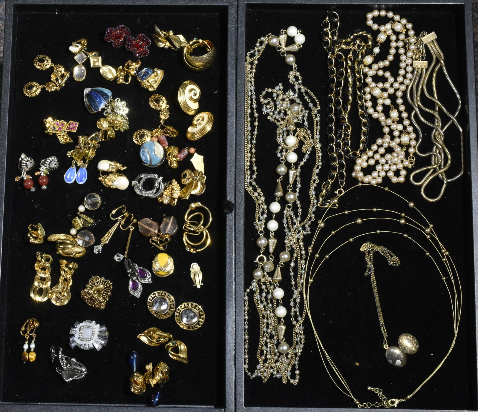 Necklaces and Earrings: Lot includes a large selection of clip earrings with stones, gold tone earrings, a vintage locket on chain, and various beaded necklaces.