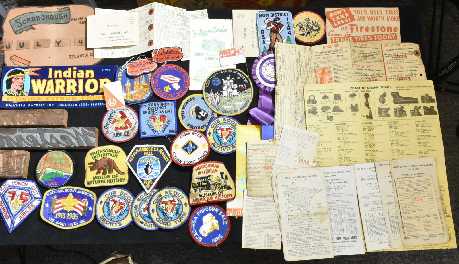 Scouting and Other Patches: Lot includes a selection of Cub and Boy Scout patches, Smithsonian patches, Western ammo stampers, and more.