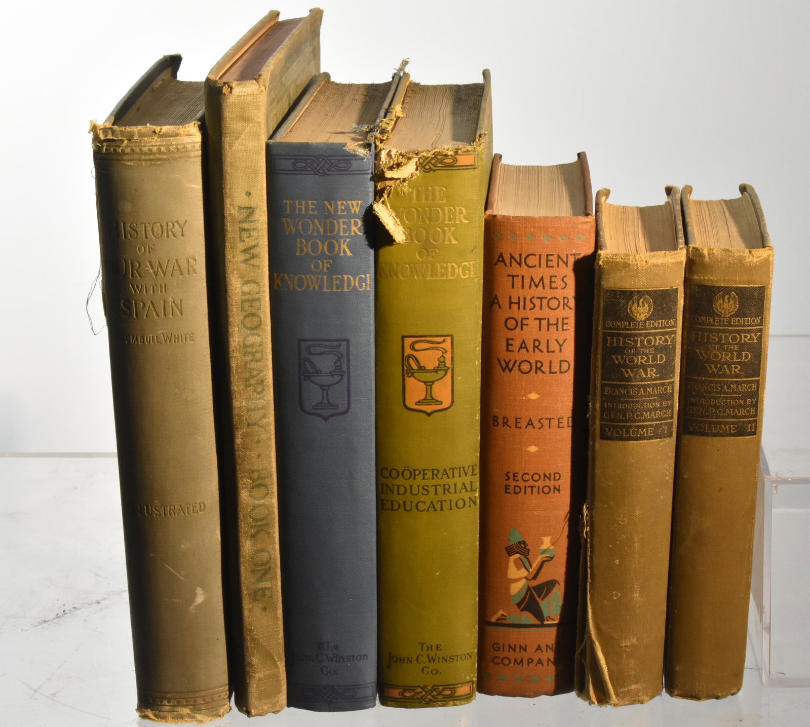 (7) Antique and Vintage World History Books: Lot includes Volumes 1 and 2 History of the World War, published 1918 by Francis March, (vol 1 cover rip), Ancient Times: A History of the Early world, by James Henry Breasted, published 1935; Pictori