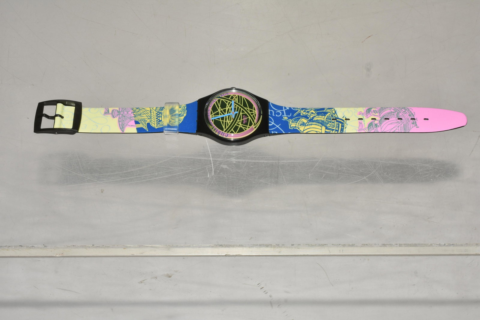 Christopher Columbus Swatch NIP: Colorful band with ships. Multicolor face reading "Christopher Columbus". NIP.
