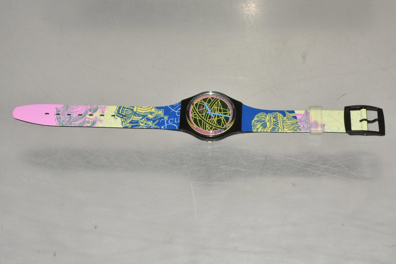 Christopher Columbus Swatch NIP: Colorful band with ships. Multicolor face reading "Christopher Columbus". NIP.