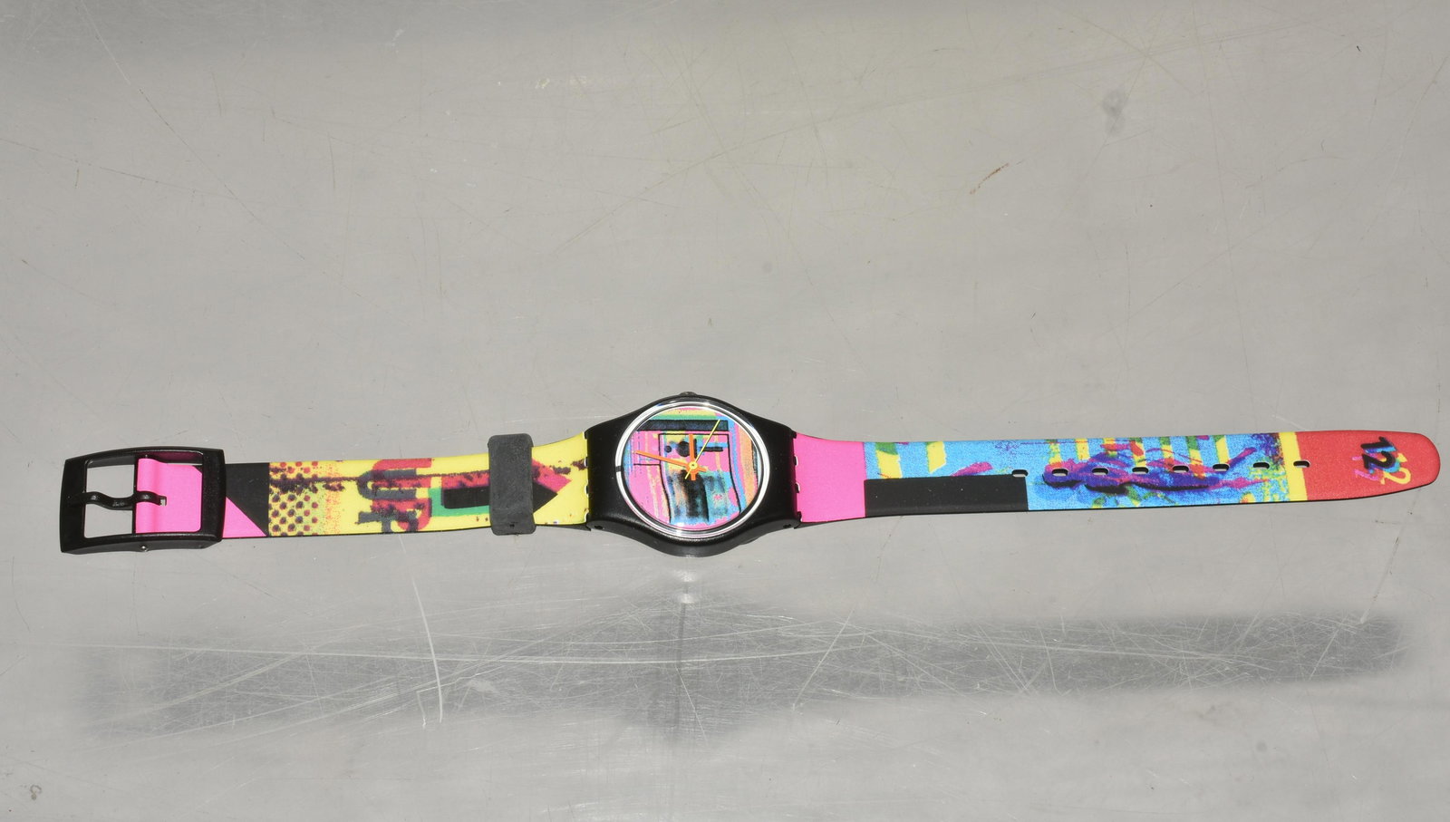 Swiss Made Swatch NIP: Dated 1988. Colorful band. Multicolor face. NIP.