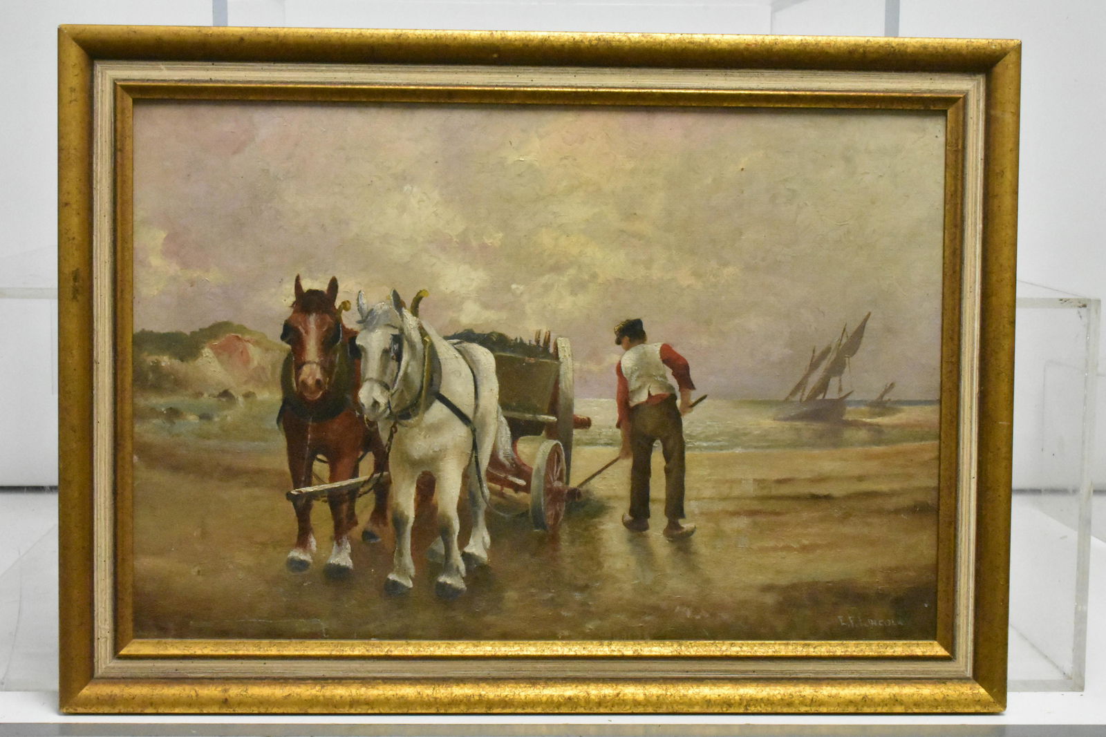Oil on Canvas by E.F. Lincoln: Exposed area approximately 11.5"H x 17.5"W. Depicts a horse drawn wagon and man with stick in front. Signed E.F. Lincoln lower right. Old repair to canvas on back (seems undetectable from front).