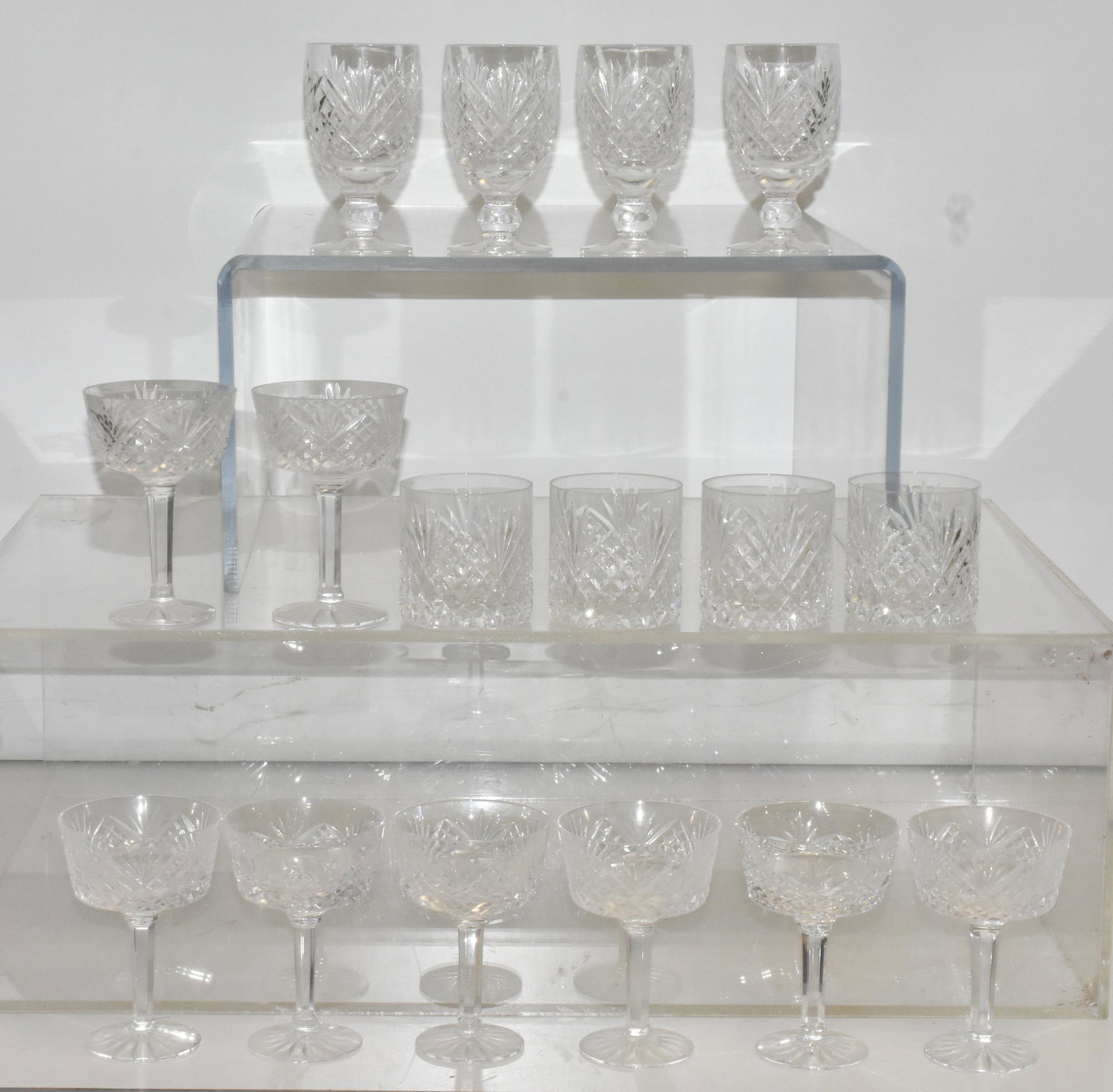 Tyrone Irish Crystal Stems and Rocks Glasses: Lot includes (8) 5.25" sherbets, (4) rock glasses, and (4) 5" aperitif glasses.