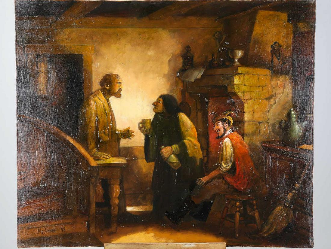Oil on Canvas by Neubauer "Witch's Kitchen": Approximately 28"H x 24"W. Titled "The Witch's Kitchen". Scene from Faust. Signed Neubauer '99, lower left. Titled on back.