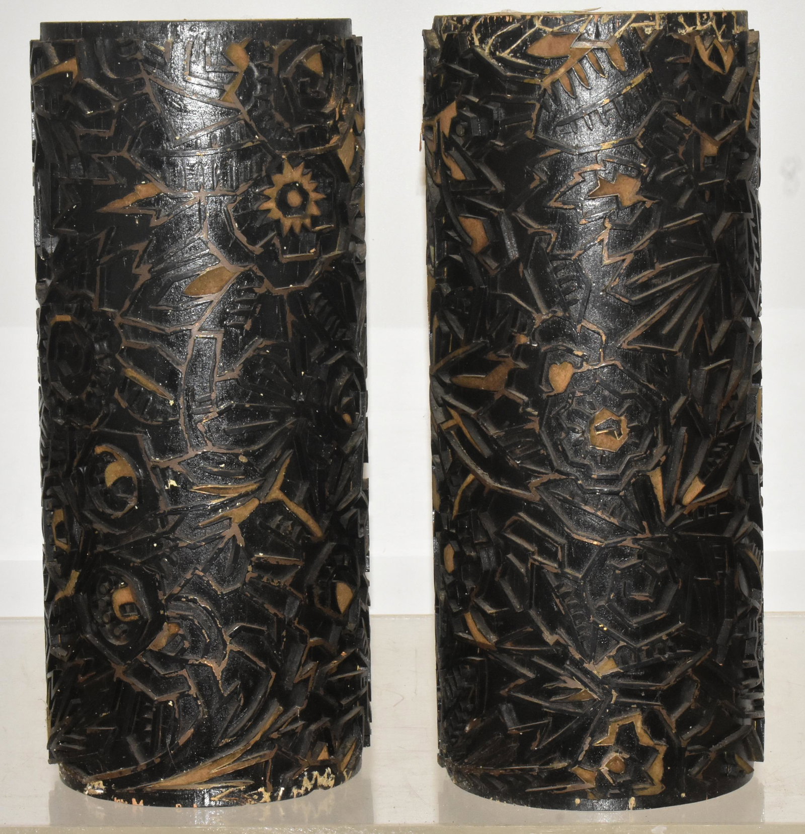 Pair of Wood & Metal Decorative Wallpaper Rollers: Each approximately 14"H x 6"diameter. Both have floral motif and can be made into lamps.