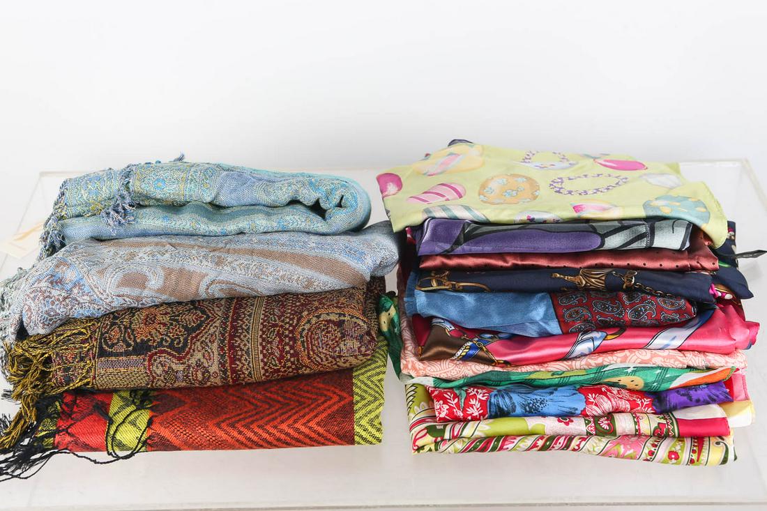 Designer Type Scarves and Table Runners: Lot includes 100% Silk Jacqueline Ferrar, (2) 100% Silk Calvin Klein, Talbots, 100% Silk Echo, and (5) other scarves. Also includes Jerusalem 100% Cashmere table runner, (2) 100% Viscose Collection 18