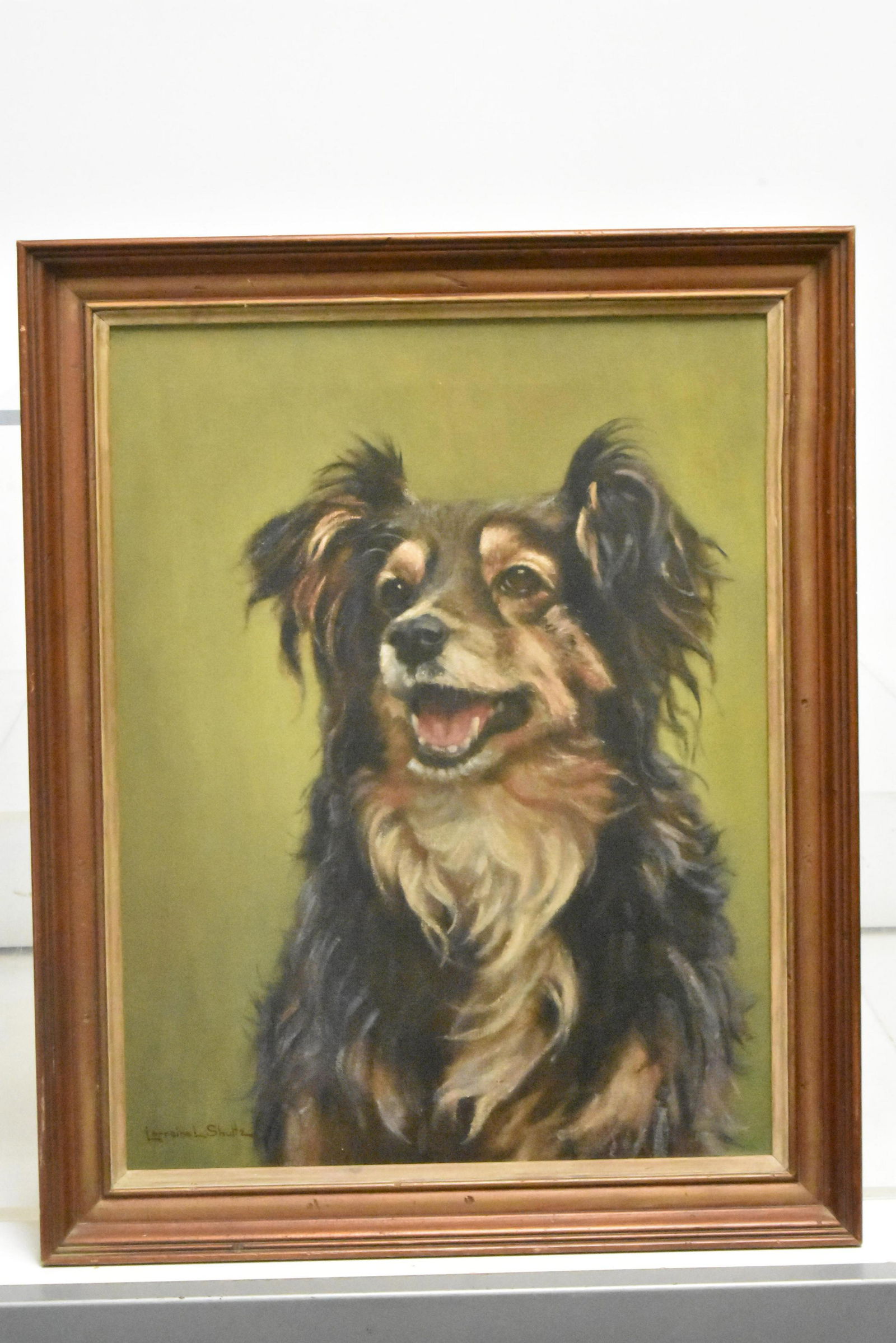 Oil on Canvas of Dog by Schultz: Exposed area approximately 17"H x 13.5"W. Depicts a dog named Astrid. Painted 1981. Signed lower left and on back. Loreleen Schultz is a York Co., PA artist. Information from the York Art Associatioin