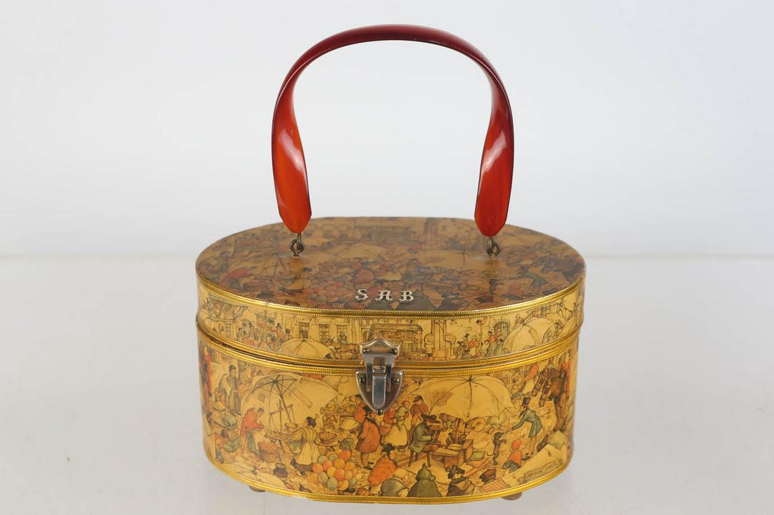 Vintage Box Bag Purse: Decopage European street scene Purce "Anton Pieck" with red lucite handle.