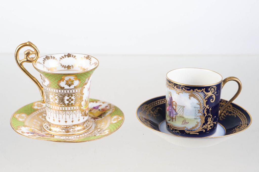 Meissen and Sevres Demitasse Cups & Saucers: includes a hand painted Meissen demitasse with good gold flashing and high handle, and a Sevres hand painted cobalt demitasse.