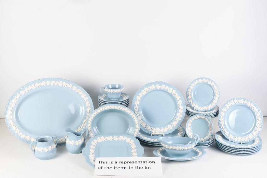 Wedgwood Queens Ware Dinnerware: includes (9) 10" dinner plates, 16" meat platter, (12) salad plates, (10) bread and butter plates, (13) cups, (18) saucers, (4) berry bowls, square serving plate, gravy with under tray, and sugar and 