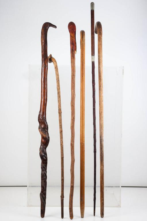 Folk Art and Other Canes: includes folk art cane with hand carved mouse head (approximately 31"L, one single piece), cane with hand carved flamingo head and original paint (approximately 32"L), twisted vine cane with carved bi