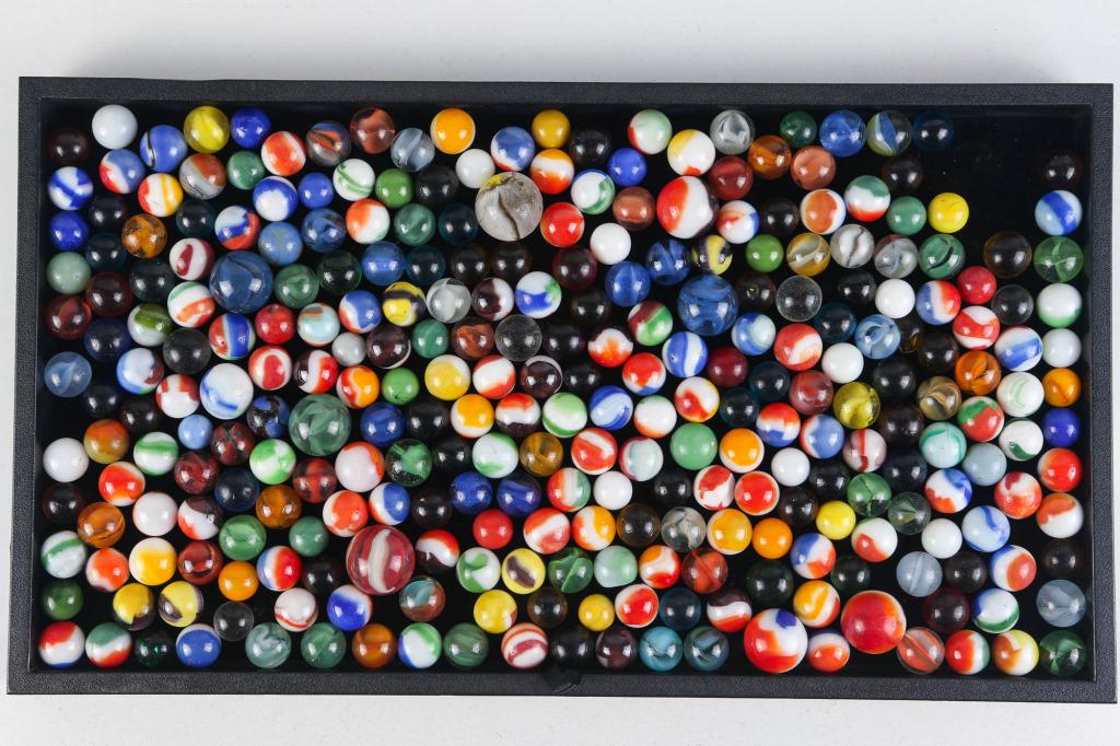 Mixed Marble Collection: includes knucklers, cat's eyes, bloody Mary's, agate marbles, and others.