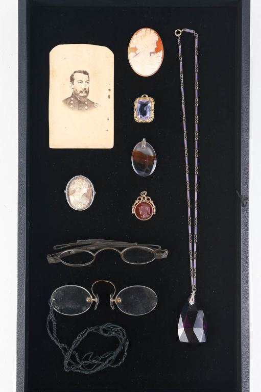 Victorian Eclectic Collection: includes Major General Sheridan cabinet card, spectacles (one pair signed Phila.), (2) cameos, carnelian intaglio, and purple stone pendant necklace with enamel chain.