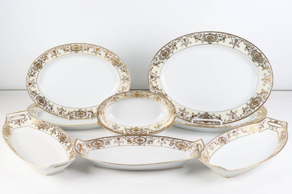Noritake / Nippon No 175 Christmas Ball Platters: includes (2) oval platters (13.5"L), (2) platters (11.5"L), (3) handled serving dishes (13.5"L each) and (2) oval condiment bowls. Good gold enameling. Free of stains, chips, and cracks. Most are mark