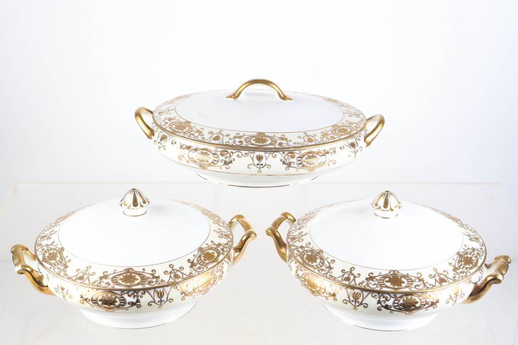 Noritake / Nippon No 175 Christmas Ball Serving Ps: includes an oval covered serving dish (12" handle to handle) and a matched pair of circular covered vegetables (10.5" handle to handle). The first has green Nippon mark. The pair has brown Nippon mark
