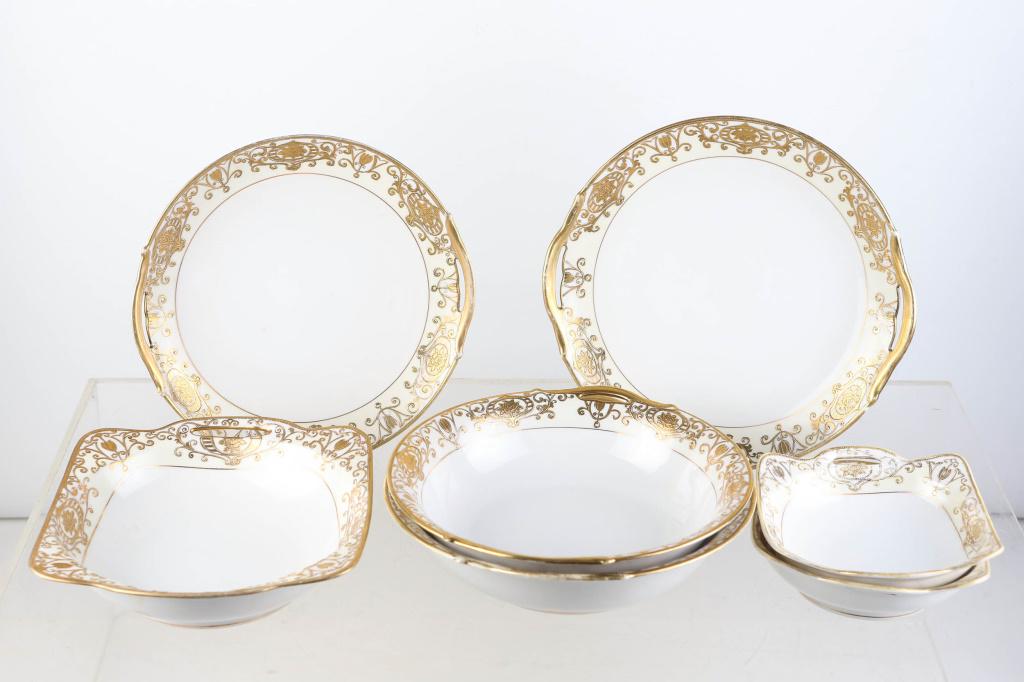 Noritake / Nippon No 175 Christmas Ball Serving Pc: includes (2) handled circular platters (approximately 10.5" from handle to handle). Both show wear to flashing at handles. Both have good gold enameling. Lot also includes (2) handled open vegetables 