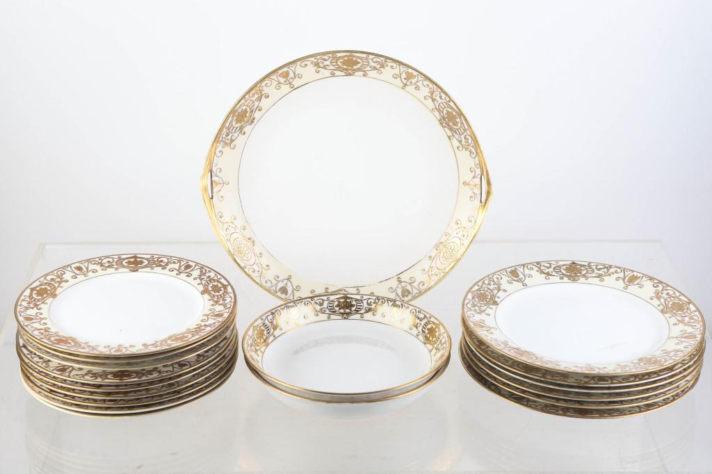 Noritake / Nippon No 175 Christmas Ball China: includes (6) 8.5" salad plates, (9) 7.5" dessert plates, (2) soup bowls, handled serving tray (wear to gold). Enamel on all other pieces is clean. No chips or cracks.