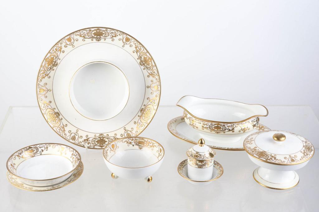 Noritake / Nippon Christmas Ball China Serving Pcs: includes gravy boat on tray, condiment plate, mustard pot, covered condiment, and small footed bowl with under plate. All have good gold enameling and are free of chips and cracks.