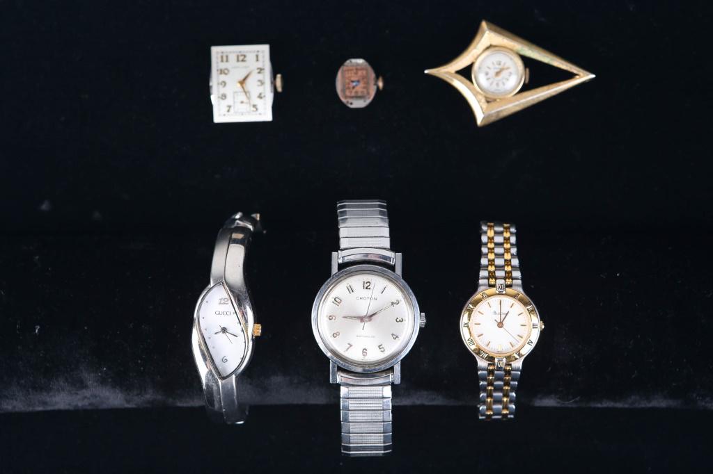 Vintage Estate Watches: includes man's Croton watch, lady's Vantage pendant watch, lady's Bulova watch, lady's Gucci watch, and Hamilton and Bulova watch movements.