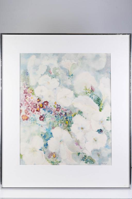 Watercolor "Petunias" by Janice Roediger: Frame measures approximately 32"H x 27"W. Painting depicts a still life of petunias.