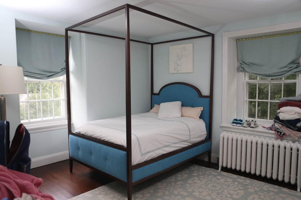 Modern Design, Kristin Drohan Four Poster Bed: Full size bed measuring approximately 94.5"H x 60"W x 81"D. * NOTE: This item is located in our Chestnut Hill/Philadelphia location. Available for pick up at that warehouse by appointment.