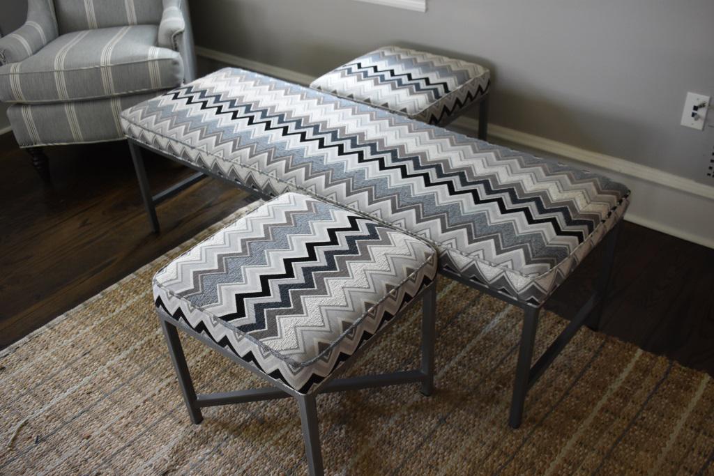 Three Modern Design Benches/Ottoman: Matching upholstered set with hall bench and two square seats in bold modern design print. * NOTE: This item is located in our Chestnut Hill/Philadelphia location. Available for pick up at that wareho